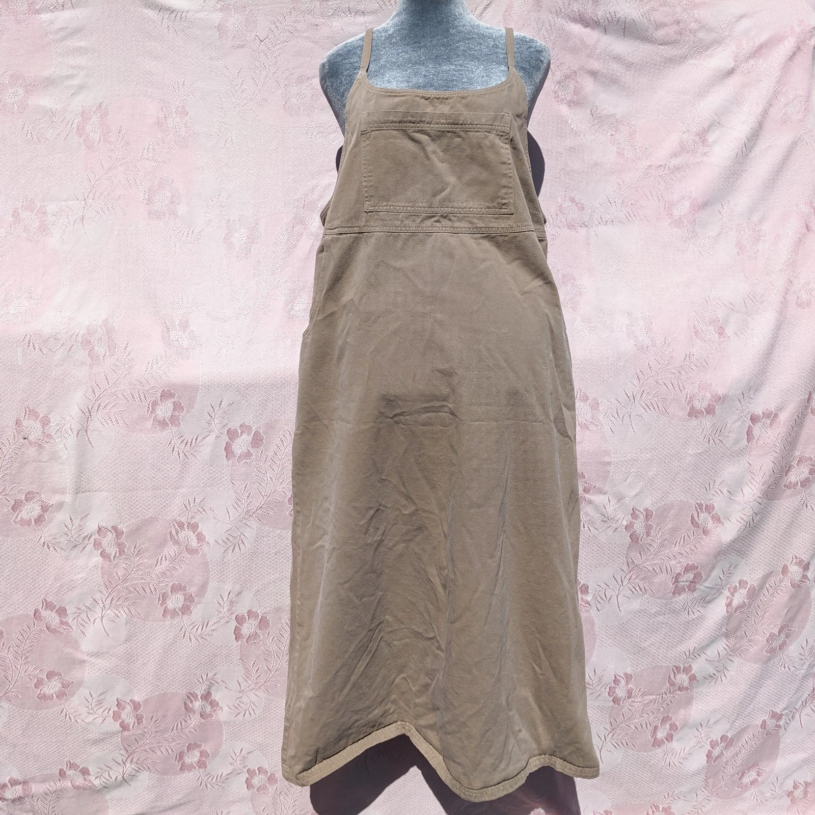 Vintage Cotton Twill Overall Bib Dress Large Tan Y-Back Utility Jumper Gorpcore