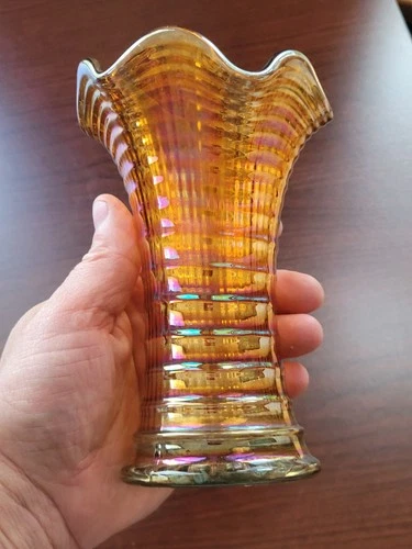 Odd Color Aqua Base Marigold Imperial Carnival Glass Ripple 6 1/2"  Vase