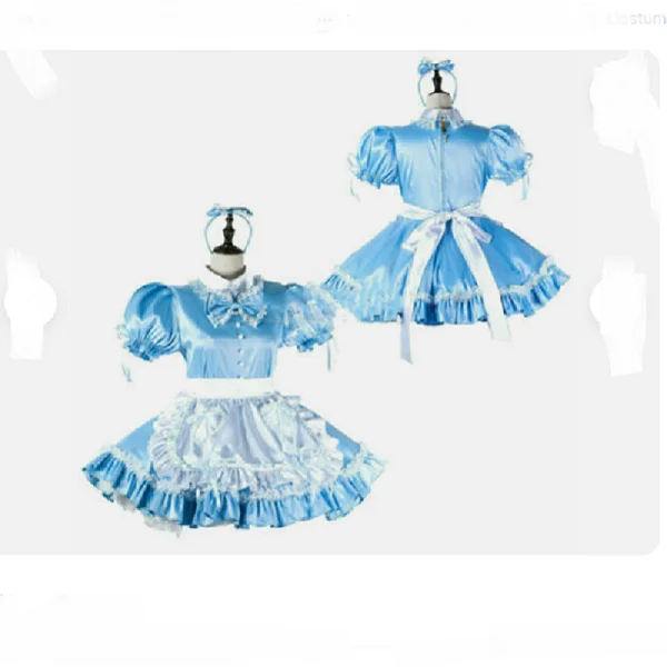 Hot selling Girl Maid Sissy Blue Satin Lockable Dress cosplay cost Tail
