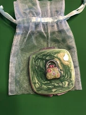 Vintage Purse Faux Jewel Enamel Green Mirror Compact 2.5” Square W/bag-Shopping