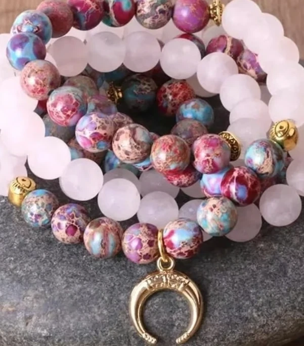 Galaxy Sea Sediment 108 Beads Mala Natural Rose Quartz Gemstone Healing Bracelet - Image 2 of 4