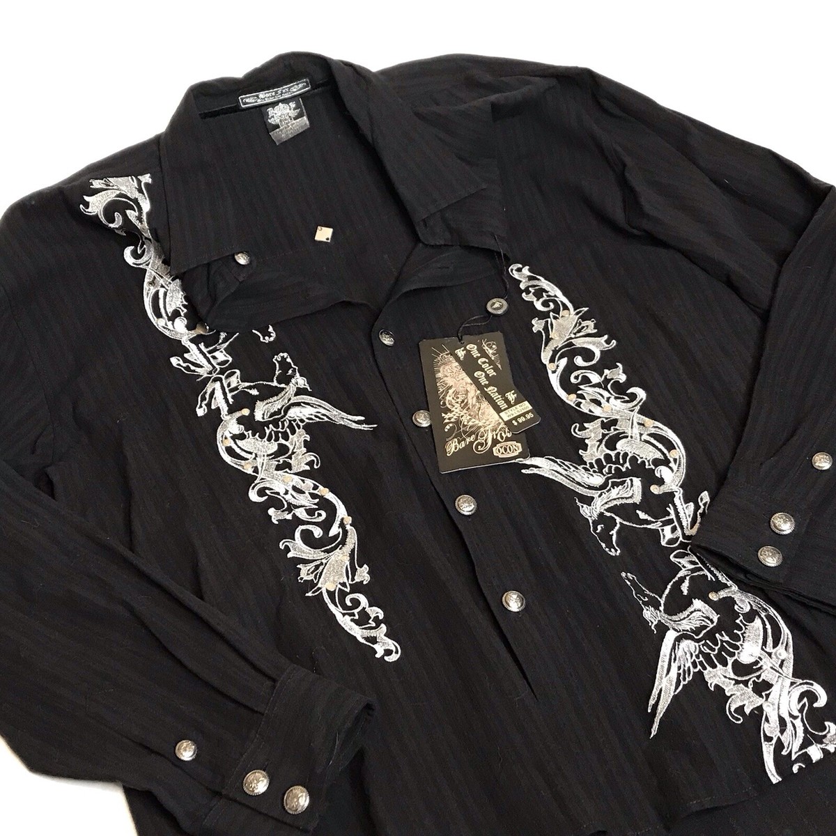 fox dress shirt NWT Bare Fox Men's 3XL Black Button Down Long Sleeve Embroidered Collar  Shirt
