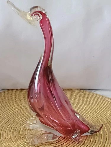 Vintage Murano Art Glass Cranberry Pink Duck Goose Figurine Gold Fleck MCM