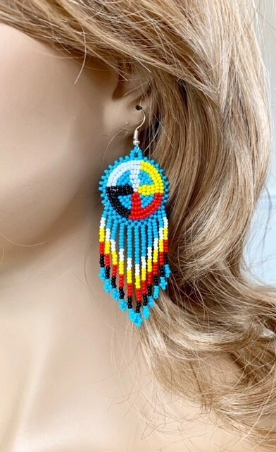 PENDIENTES ESTILO NATIVO CON CUENTAS HECHOS A MANO ÉTNICO AZUL SEMILLA CUENTAS E60/15 Foto 4 de 4
