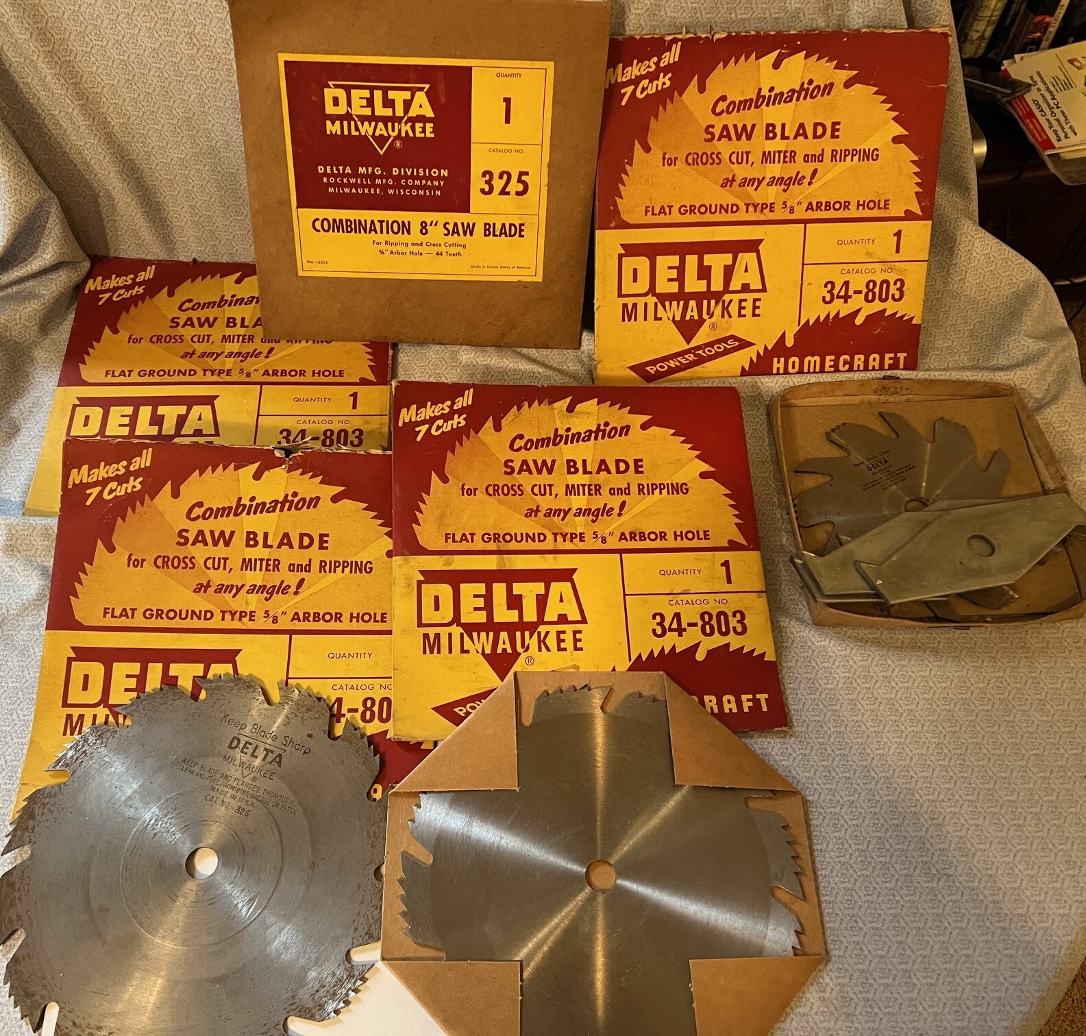 Lot of 5 Delta 8 inch combination Saw Blades; 6 inch Delta dado stack