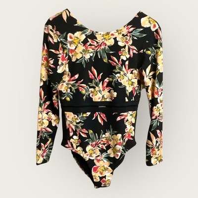 Roxy Garden Surf Swimsuit Long Sleeve Women s Large Black Multicolor Floral NWT