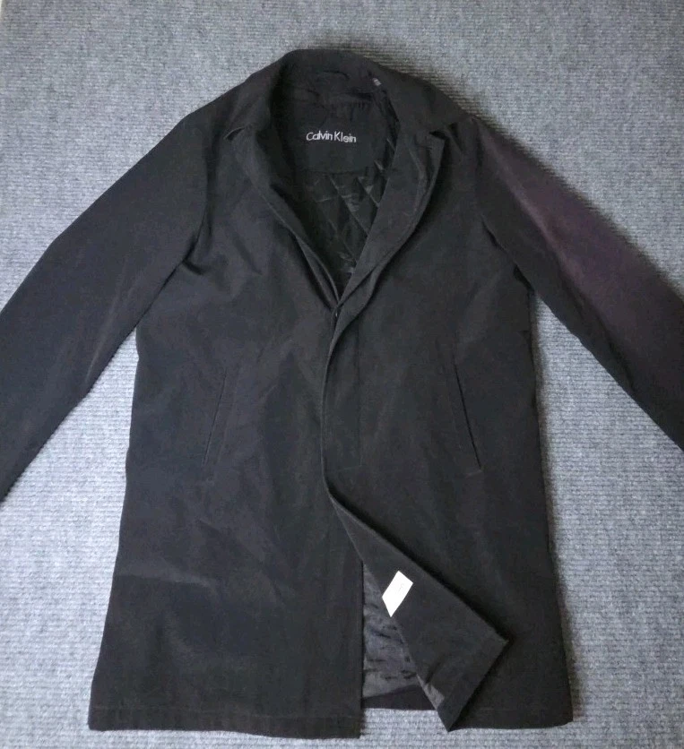 Trench coat Calvin Klein para hombre XL negro lana cuello abotonado chaqueta forrada Foto 3 de 4