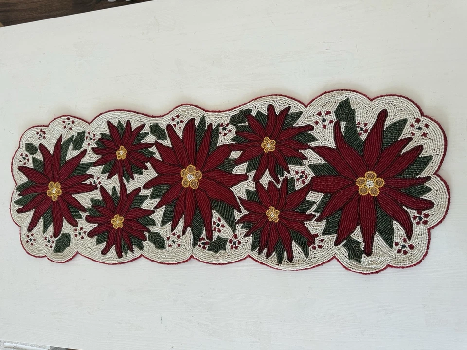 ✿ Vintage Beaded Christmas Table Runner Red Poinsettia Flowers Holiday Decor - Image 2 of 4