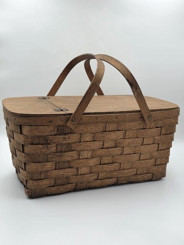 Antique C 1920's Picnic Basket 1" Woven Slats Naturally Aged Patina  Handles Lid