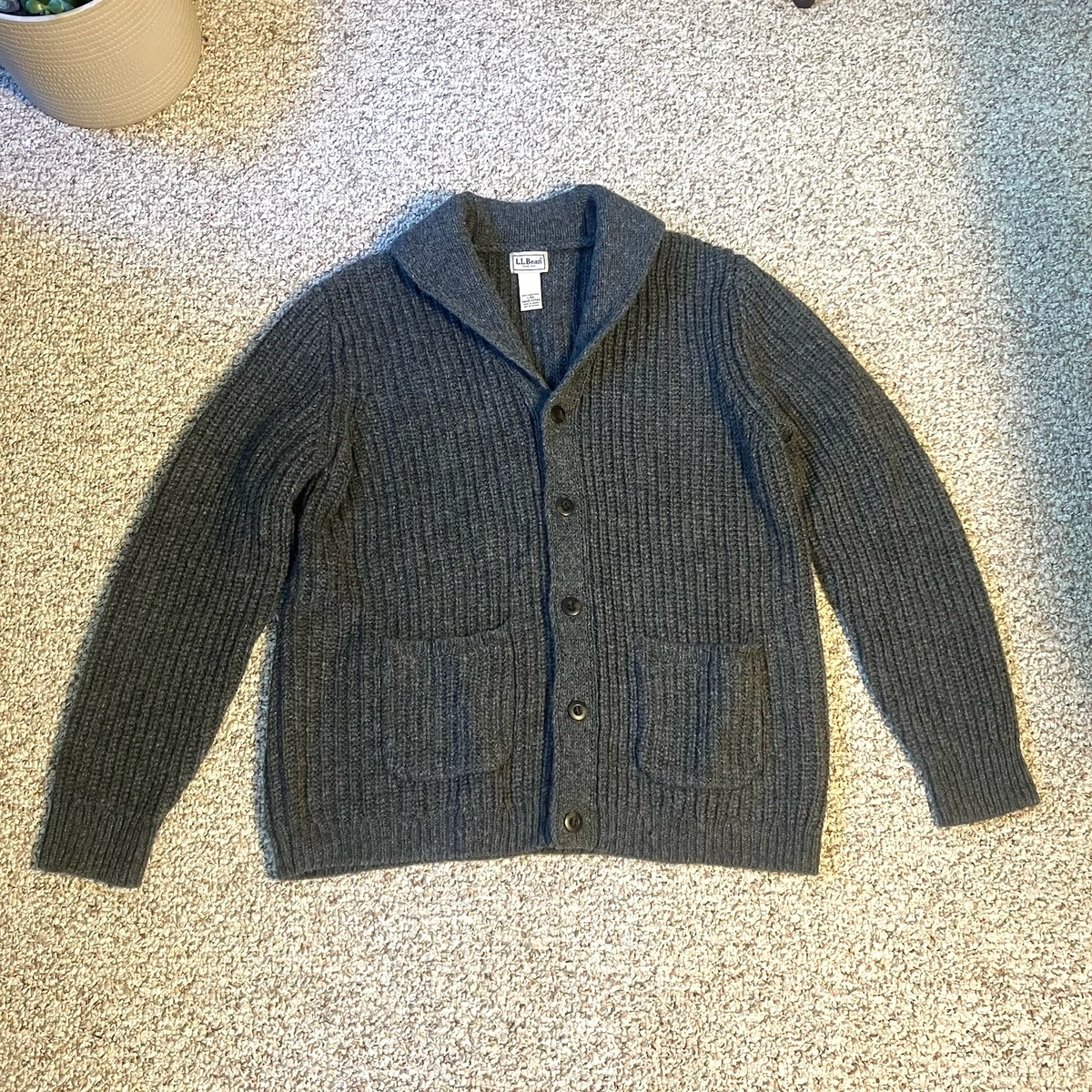 Cárdigan acanalado cuello chal 100 % lana de cordero gris grande LL Bean para hombre 511548