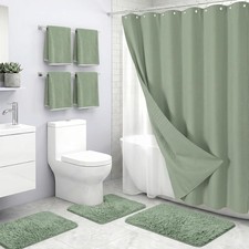 Bathroom Sets W/ Shower Curtain  Rugs Set of 8 Green Neutral Waterproof
