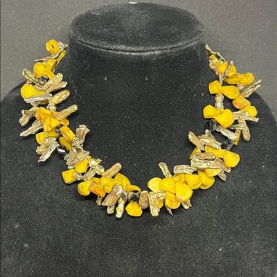 1593 Artisan Made Tiger Coral Necklace with Facted Crystal and Biwa Stick Pearl