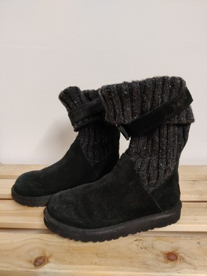 UGG BOOTS UK 1 EU 32 SCHWARZ WILD LEDER STRICK TOP LAMMFELL GEFÜTTERT MÄDCHEN WINTER