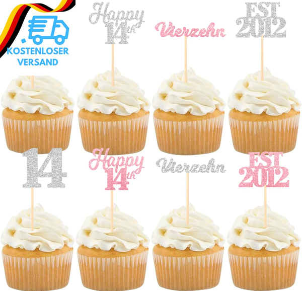 Vierzehn Tortendeko 14 Geburtstag MäDchen Junge,24 StüCk Glitzer Muffin Deko 14-image