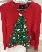 Vtg Michael Simon Christmas Tree Cardigan Sweater 3D Hanging Birds Petite Med