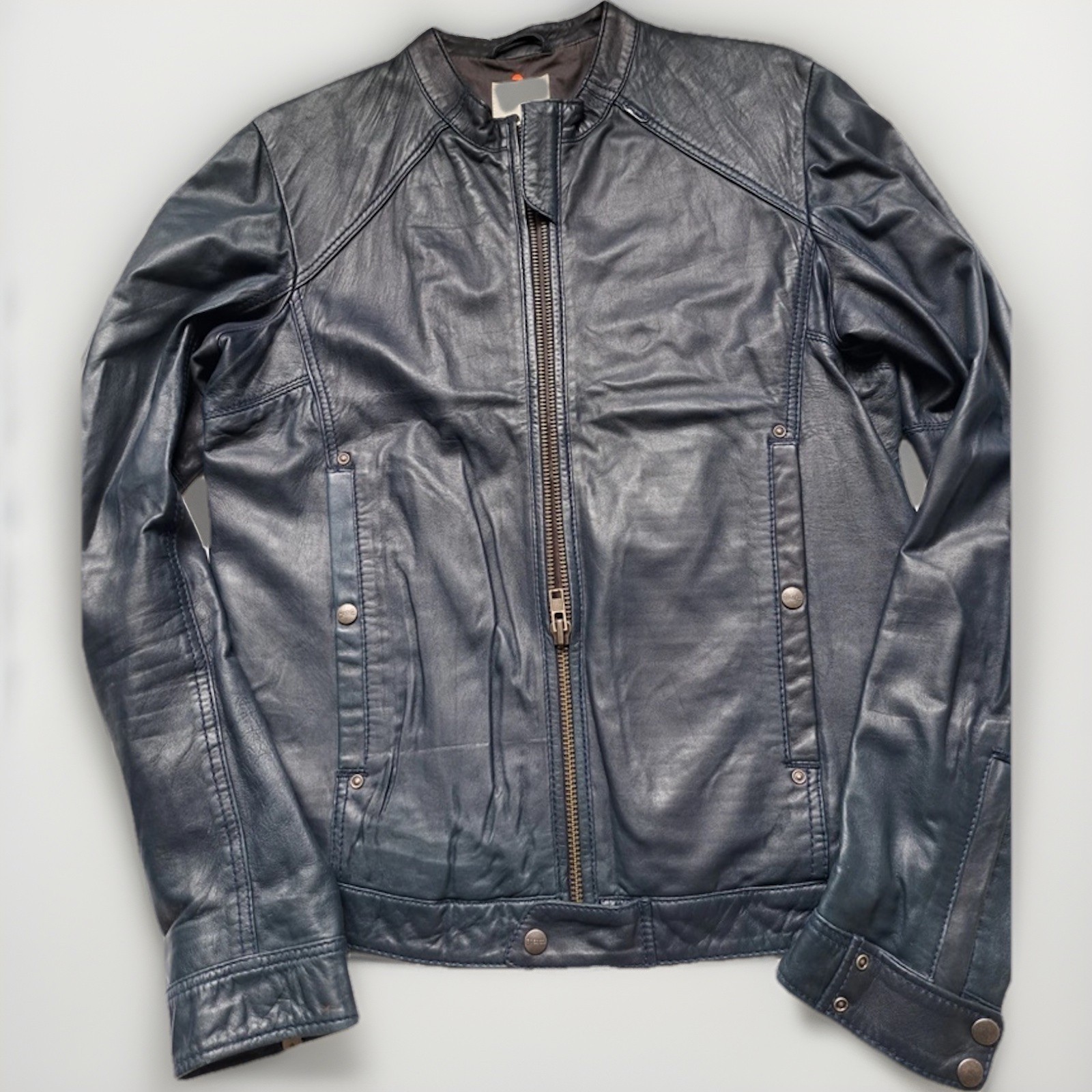 Diesel Men's Black Leather Biker Jacket Zip Button Short Solid Size L Regular