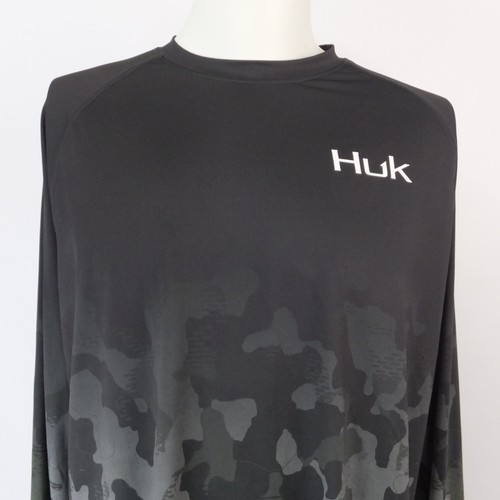 HUK Performance Shirt Mens Large Long Sleeve K Scott Art Black Camo Bass Stretch - Picture 3 of 15