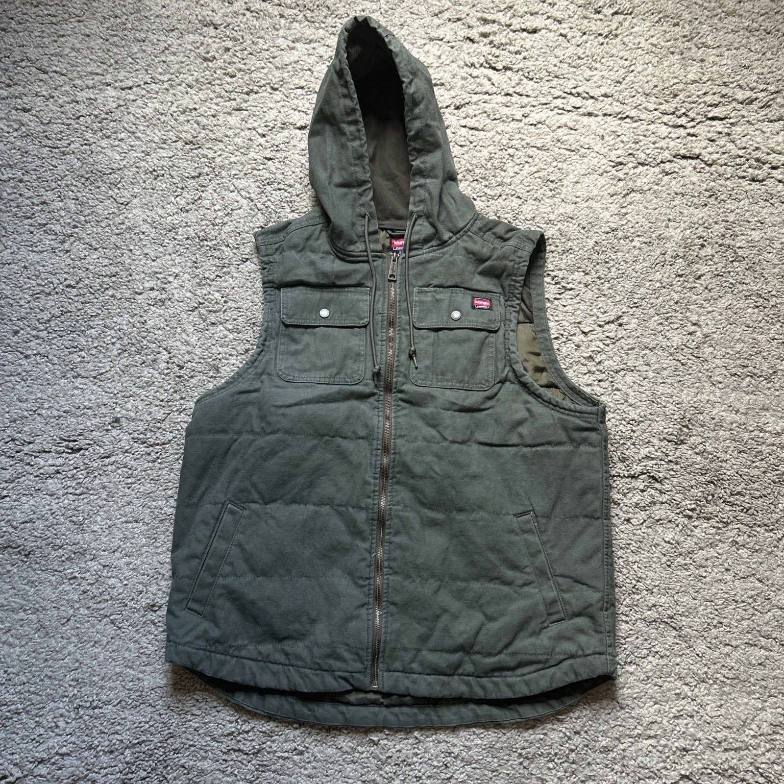 Wrangler Workwear Mens XL Olive Green Hooded Canvas Quilted Vest