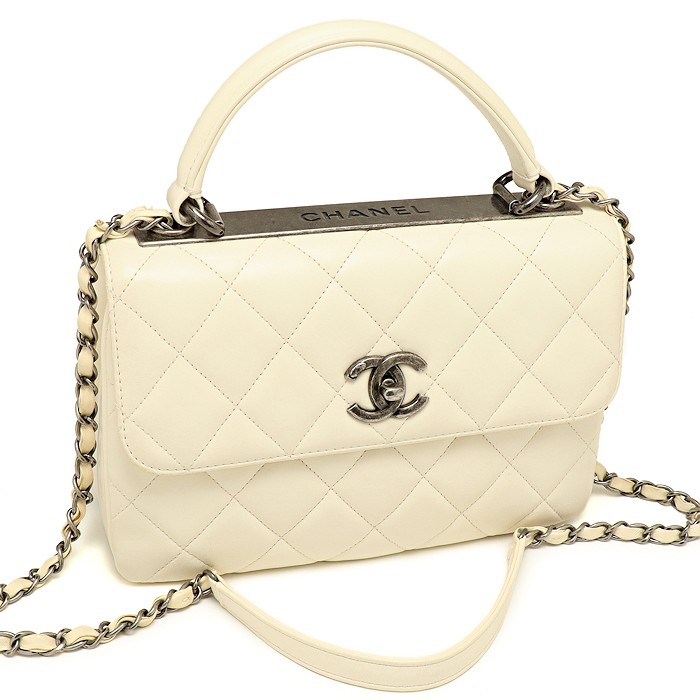 CHANEL Matelass Top Handle Flap Bag with Chain Shoulder Strap in White A92236