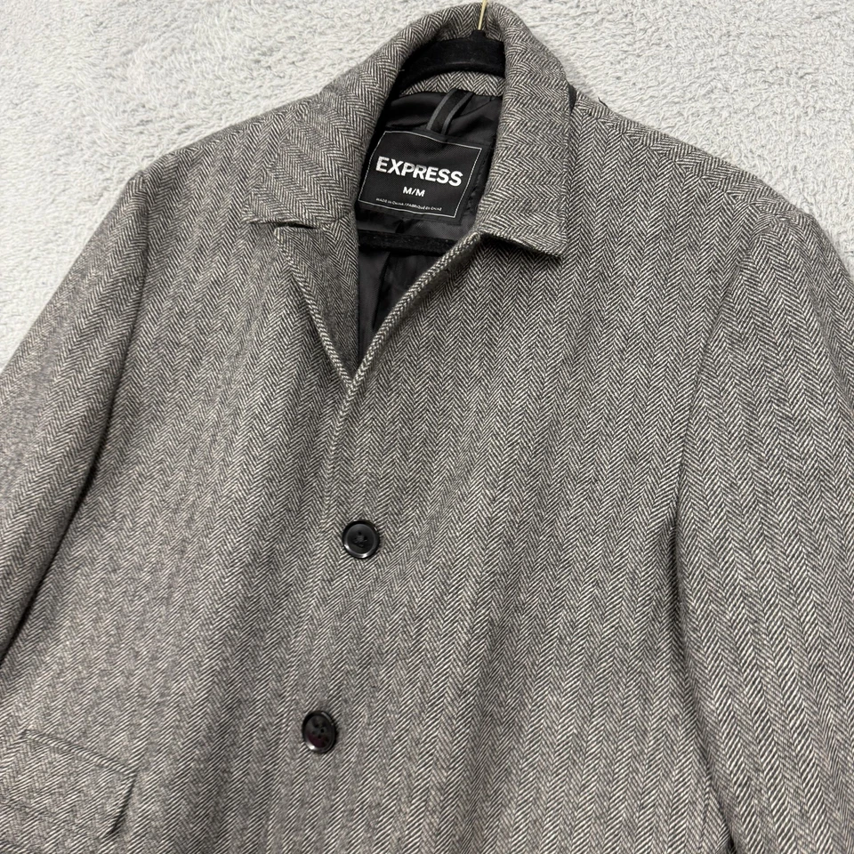 Express Overcoat Mens Medium Gray Herringbone Wool Blend Topcoat Lined 3 Button - Image 4 of 4