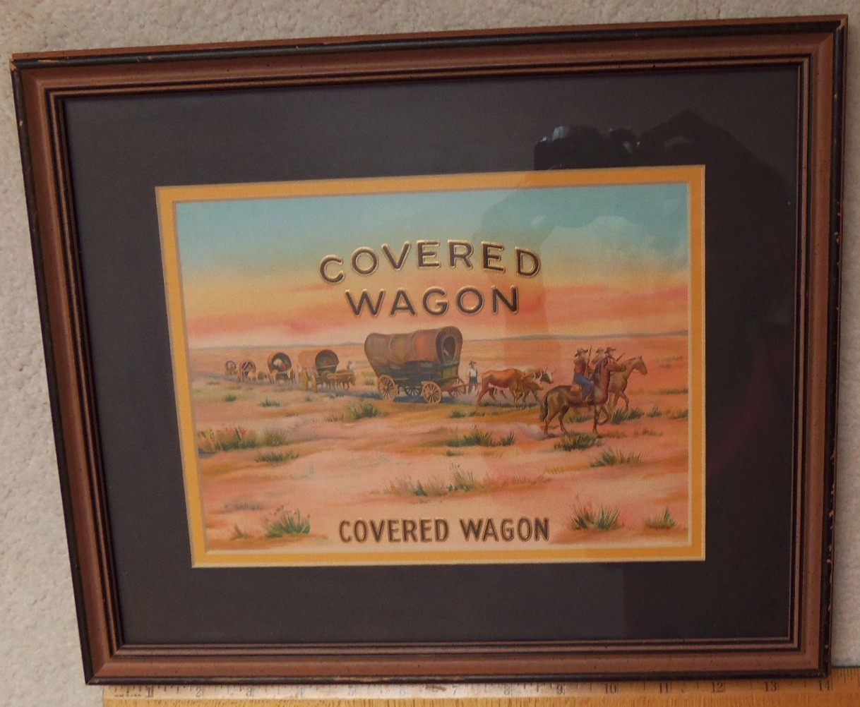 Covered Wagon Horses Oxen Cigar Label Embossed Art by Calvert