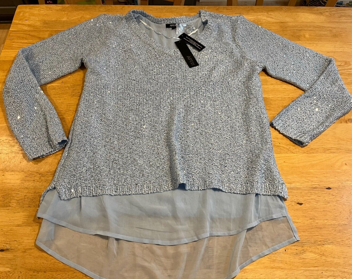APT Women's Size XL Blue V Neck Sweater Silver Sparkle Sheer