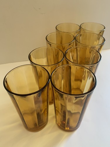 Vtg Amber Glasses Set 8 Paneled Optic 10 Ounce MCM Cocktail Barware 5” - Picture 5 of 12