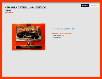 Lionel Odyssey TMCC 6-18079 New York Central Mikado 2-8-2  Steam New In The Box