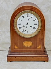 French Mantel Clock w/ Marquetry Design Bell Strike Runs Strikes Porcelain Face