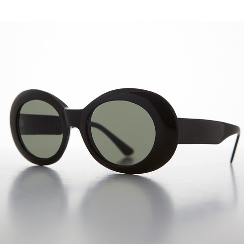 Black Oval Clout Cat Eye Vintage Sunglasses Green Lenses - Emma - Picture 2 of 3