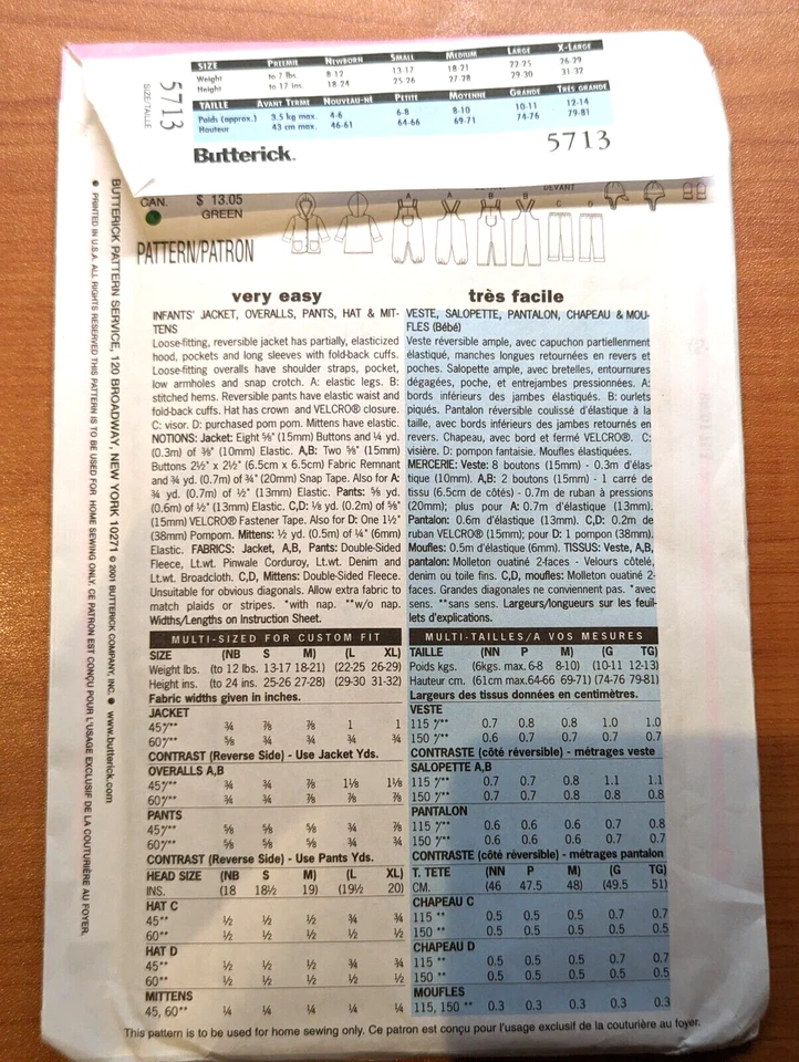 Butterick Baby 5713 Sz L-XL Infant Jacket Overalls Pants Hat Mittens EASY Uncut - Image 2 of 3