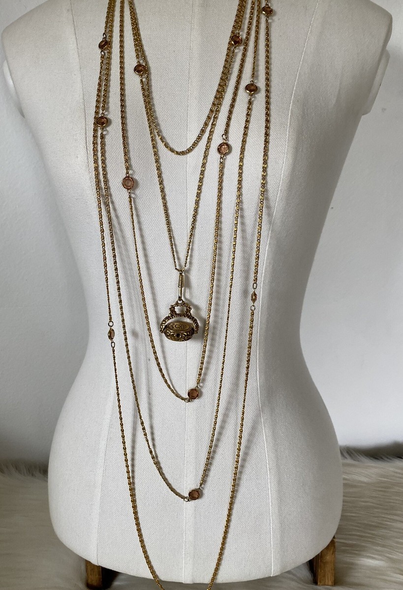 VTG Signed Goldette Gilded Gold Spinner Fob Layered 5 Strand