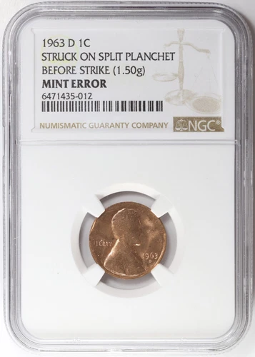 1963-D Lincoln Memorial Cent Struck on Split Planchet NGC Mint Error 1c