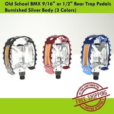 Old School BMX 9/16" or 1/2" Bear Trap Pedals Burnished Silver Body 3 Colors 