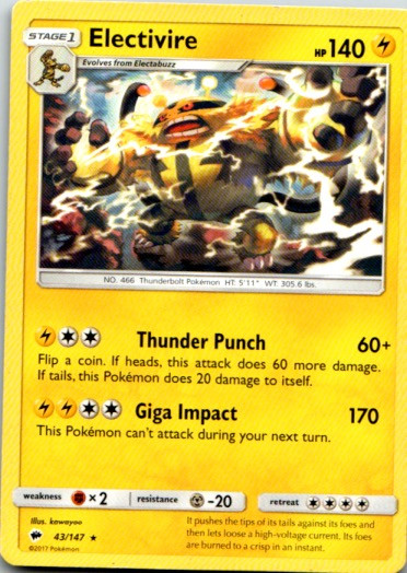 Electivire 43/147 Pokemon Card 2017 NM Pokémon