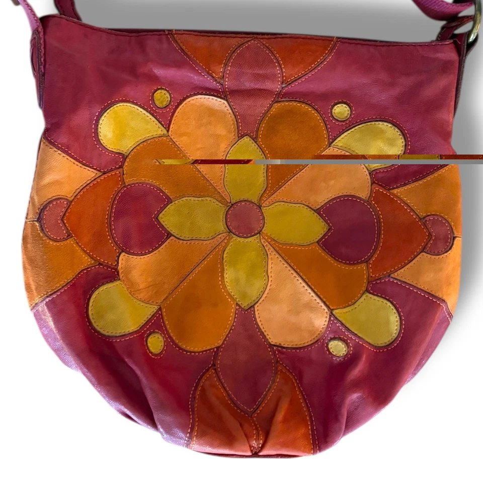Lucky Brand Leather Patchwork Boho Shoulder Bag Pink Orange Floral Lambskin - Image 4 of 4