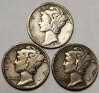 1935 P D S Mercury Dimes (3) Coin Lot, 90% Silver Coins, Great 4 Albums M-35AB10