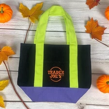 Trader Joe's Mini Halloween Canvas Tote Bag. RARE MULTI COLOR Purple Green Black