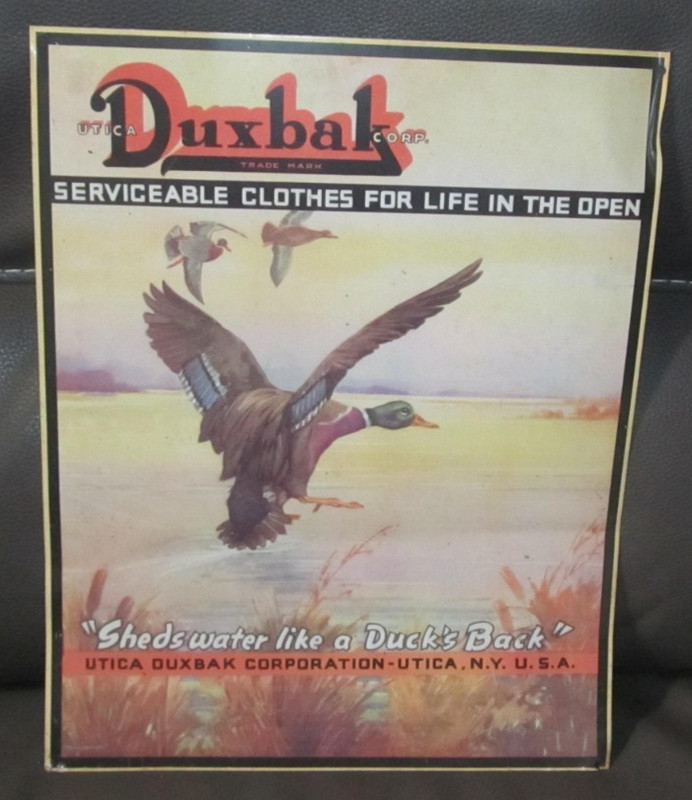 Vintage Duxbak Hunter Clothing Sign Metal Tin 17” x 13.75” Duck Hunting Decor