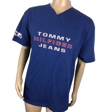 Tommy Hilfiger Jeans T Shirt Mens XL Vintage 90s Cotton Blue Made in USA V-Neck