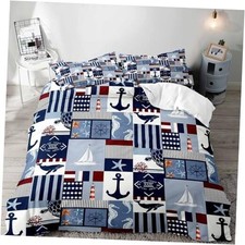 3PCS Nautical Bedding Set, Navy Blue Duvet Cover King Sailing No Comforter