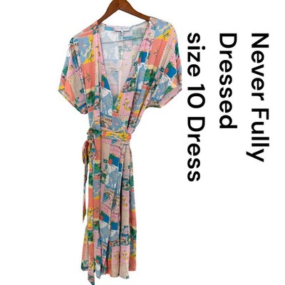Never Fully Dressed Size 10 Wrap Midi Dress Postcard Print Italy Short Sleeve