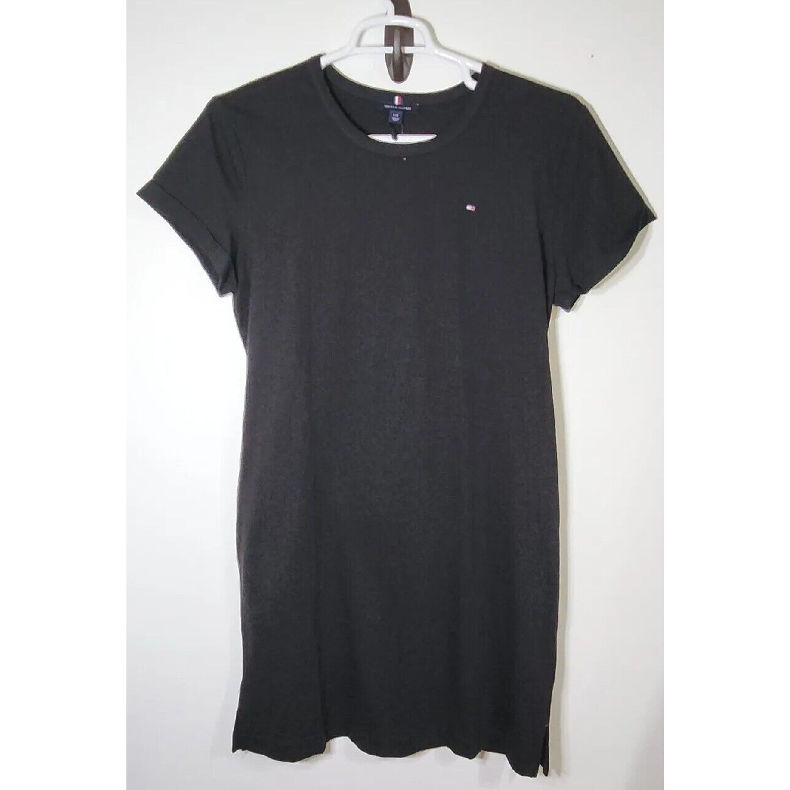 Tommy Hilfiger Women's LARGE T-Shirt Dress Crew Neck Short Sleeve Logo NWT BLACK