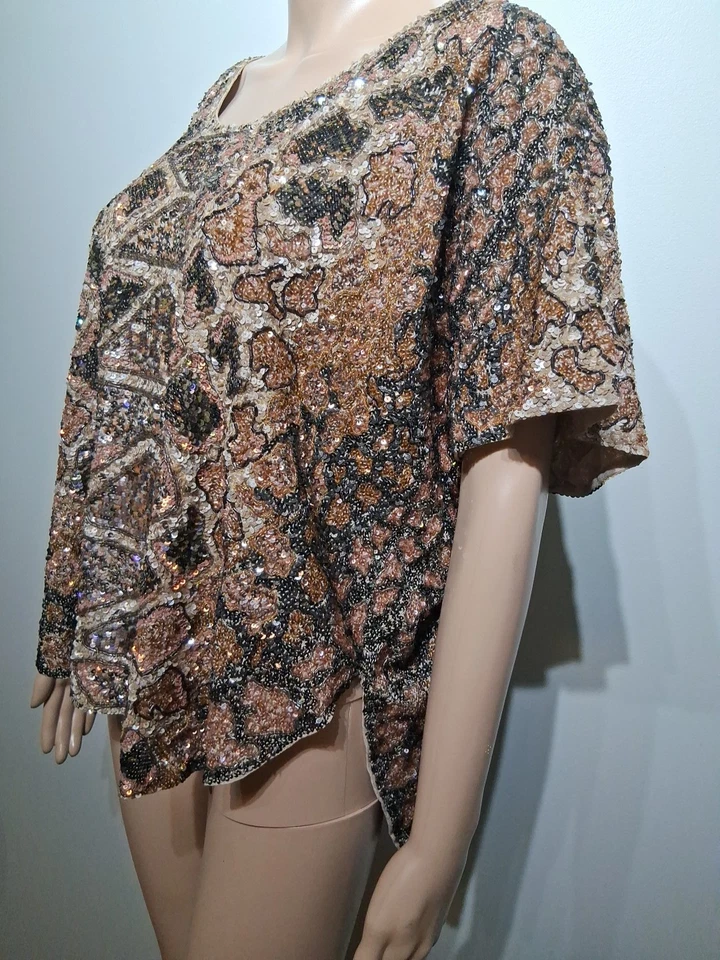 AllSaints Spitalfields Brown Viscose Sequin Top Hand Embellished Size 8-10 - Image 4 of 4