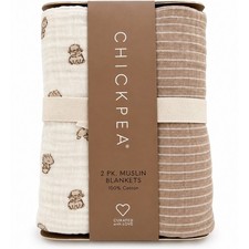Chickpea 2 Pk Muslin Swaddle Blankets 100 Cotton Sheep Stripe Brown Cream 36x40