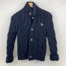 ABERCROMBIE Sweater Boys L Cardigan Chunky Cable Wool Blend Jumper Kids Blue