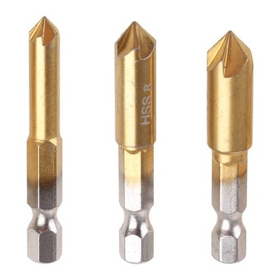 Countersink Drill Bits Center Punch Set 3 Pcs 1/4 Hex Shank HSS 5 Flutes 90��