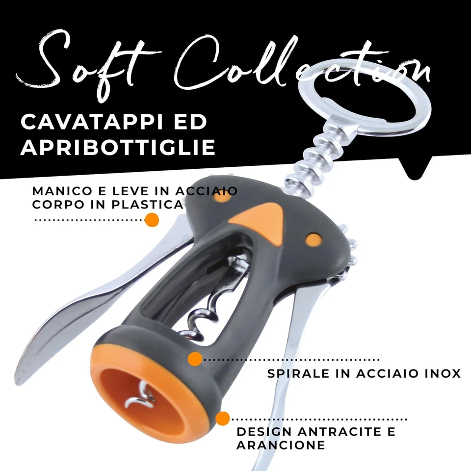 Cavatappi, Soft Collection, in Acciaio Inox, Manico Soft Touch (Colore: Nero/Ara - Immagine 3 di 4