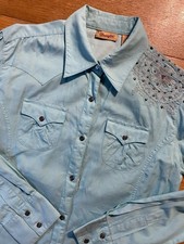 Wrangler Cowgirl Shirt Women  s S Teal Western Embroidered Metal Engraved Snap