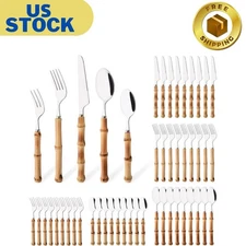 50PCS Silverware Set for 10, Bamboo Handle Flatware Set, Stainless Steel Cutlery